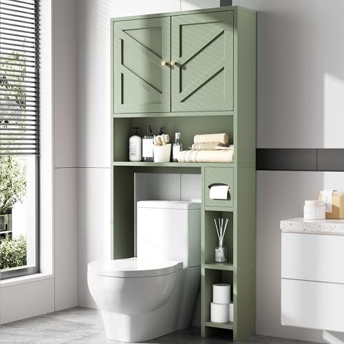 65.4" Over the Toilet Storage Cabinet, 29.1" Wide Bathroom Organizer with Toilet Paper Holder & Adjustable Shelf, Freestanding Space Saving Cabinet for Apartment, Laundry, Green