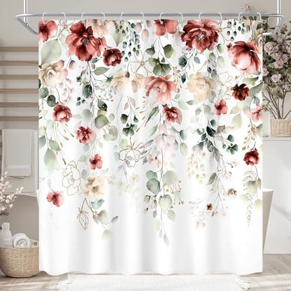 Red Floral Burgundy Rustic Watercolor Plant Bathroom Shower Curtain Set