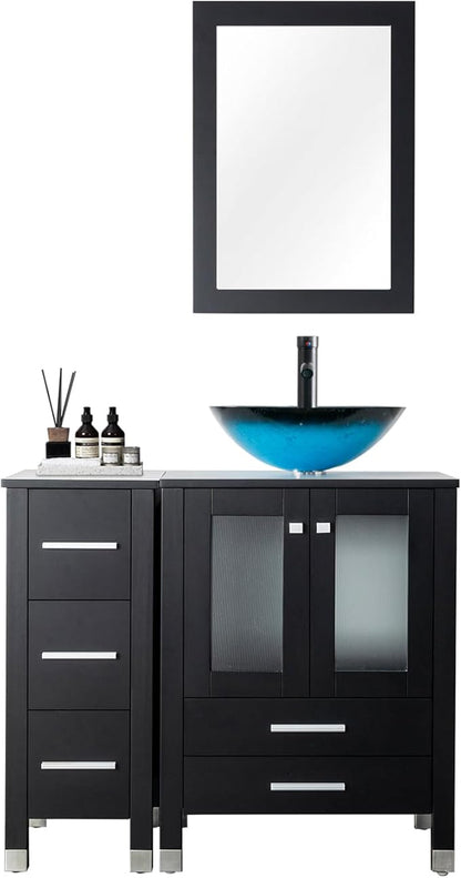LUCKWIND 36" Bathroom Vanity Combo with Sink, 24"+12.6" Width, Painted Bathroom Storage Cabinet with 5 Drawers, Including Turquoise Square Sink Without Mirror, Black