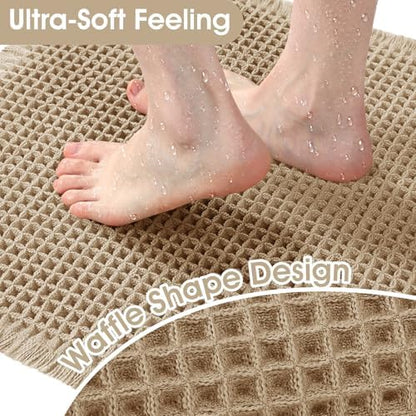 ACCUMTEK Upgraded Waffle Bath Mat, 32"x20" Beige, Super Absorbent Non-Slip Quick Dry Bathroom Rugs with Tassels, Machine Washable Ultra Soft Boho Bath Rugs for Floor, Toilet Mats Boho Farmhouse Decor