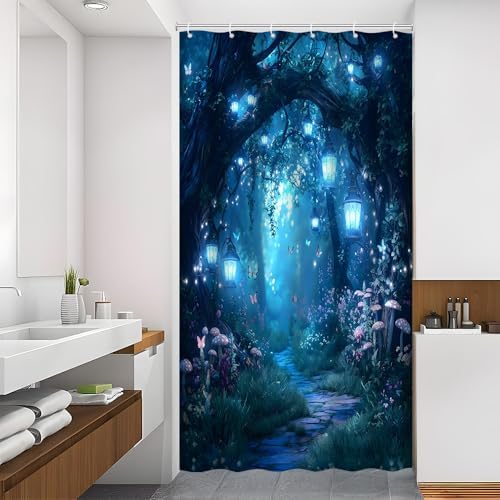 Fantasy Forest Path Shower Curtain Blue Fairy Magical Enchanted Misty Jungle Mushroom Floral Tree Butterfly Lantern Wonderland Bath Curtain Fabric Bathroom Accessories Decor with Hooks 47W x63L