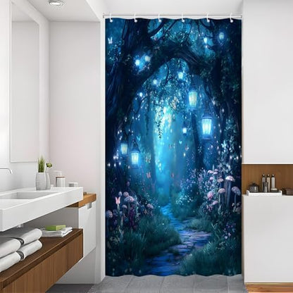 Fantasy Forest Path Shower Curtain Blue Fairy Magical Enchanted Misty Jungle Mushroom Floral Tree Butterfly Lantern Wonderland Bath Curtain Fabric Bathroom Accessories Decor with Hooks 47W x70L