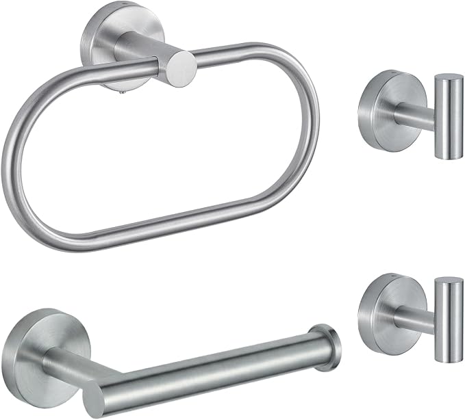 Bathroom Hardware Set Includes Towel Ring, Toilet Paper Holder and 2 Towel Hooks, SUS304 Stainless Steel Modern Wall-Mounted Bathroom Set, Rustproof Bathroom Fitting Set (Brushed Nickel)