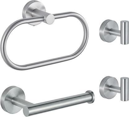 Bathroom Hardware Set Includes Towel Ring, Toilet Paper Holder and 2 Towel Hooks, SUS304 Stainless Steel Modern Wall-Mounted Bathroom Set, Rustproof Bathroom Fitting Set (Brushed Nickel)
