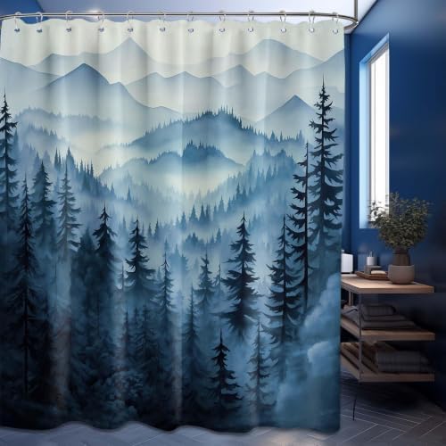 Navy Blue Forest Shower Curtain, 72x72 in, Mountain Rustic Pine Tree