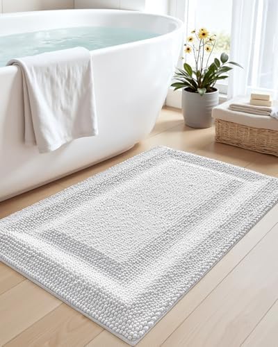 DEXI Bathroom Rugs 43x24, Non Slip Washable Chinelle Bath Mat, White