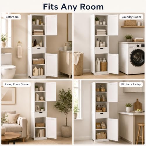 Walsunny Tall Bathroom Storage Cabinet with 6 Adjustable Shelves, White