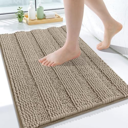 Grandaily Chenille Striped Bathroom Rugs 24x16, Extra Thick and Soft Absorbent Bath Mats, Rubber Backing, Plush Shaggy Shower Carpet, Machine Wash Dry, Bath Rug for Bathroom, Warm Taupe
