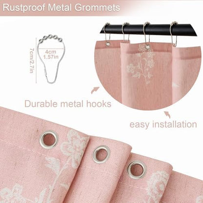 ORTIGIA Pink Linen Shower Curtain Farmhouse Vintage Floral Light Blush Pink Shower Curtains Boho Rustic Block Print Cottagecore Decor for Bathroom 72 W x 72 L