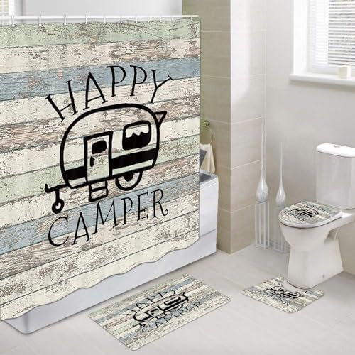 JAWO Happy Campers Shower Curtain Retro Rustic Wood Neutral Color for Travel Trailer Camping Theme Motor RV Bathroom Stall Shower Curtain Set, Waterproof Fabric Shower Cutain, Hooks Include 72X73