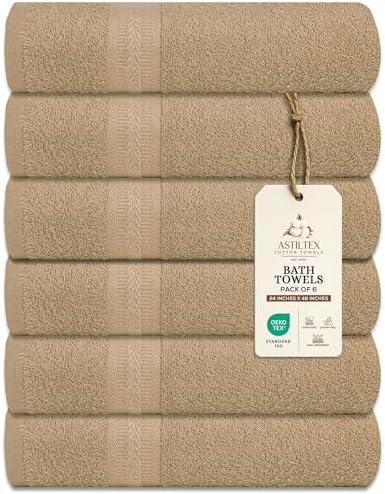 Bath Towels Pack of 6 – 24" x 48" – 100% Cotton Terry, Soft, Quick-Dry & Highly Absorbent – Beige Towels for Bathroom, Spa, Gym, Hotel, Pool & Everyday Use