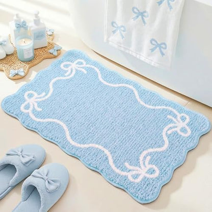 Mocsicka Blue Bow Bath Mat Cute Bow Bathroom Rug Super Soft Absorbent Bathroom Rugs Non Slip Bath Mat Machine Washable Rug for Bathrooms 20x32 inches (Blue, 50x80cm)