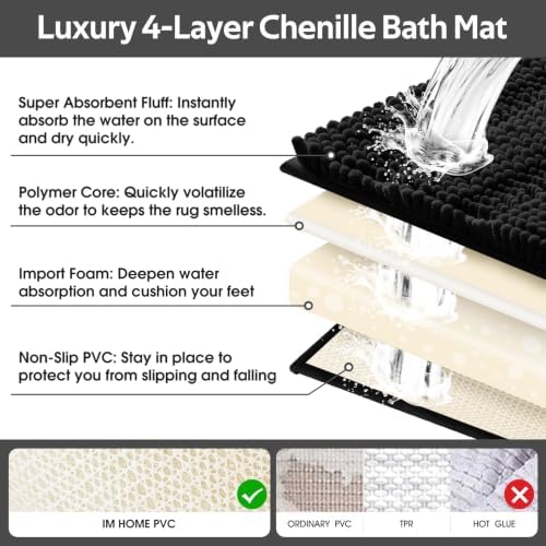 ACCUMTEK Striped Black Toilet Bathroom Rug Mat Set 2 piece Rug Ultra Soft, Non Slip Chenille Bath Rugs, Absorbent Plush Shaggy Bath Mats for Bathroom, Bedroom, Kitchen, Shower, Tub