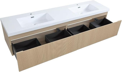 72 Inch Floating Bathroom Vanity with Double Sinks, Wall-Mounted Striped Storage Cabinet with Soft-Close Drawer, Glossy White Solid Surface Basin, Fully Assembled, Natural Oak Finish