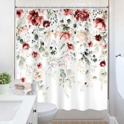 Red Floral Burgundy Rustic Watercolor Plant Bathroom Shower Curtain Set