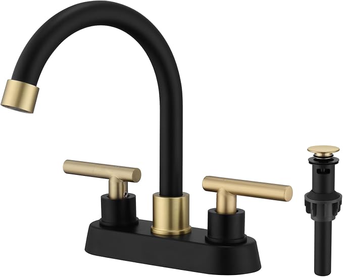 Bathroom Faucet Black and Gold, 2 Handle 4 Inch Centerset Bathroom Sink Faucet with Pop Up Drain, Modern RV Vanity Sink 2 or 3 Hole Mount