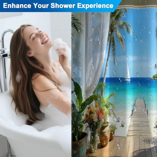 Summer Seaside Shower Curtain Set with Hooks, Tropical Ocean Scenery Weighted-Bottom Fabric Shower Curtains for Bathroom, Waterproof Machine Washable Coastal Shower Curtain, 72x72 Inch