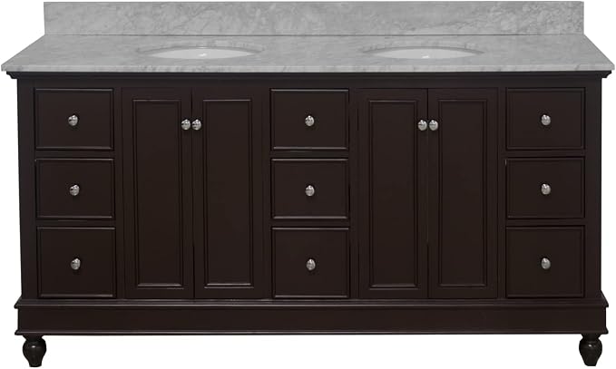 Bella 72-inch Double Bathroom Vanity (Chocolate/Carrara): Includes Chocolate Cabinet with Authentic Italian Carrara Marble Countertop and White Ceramic Sinks