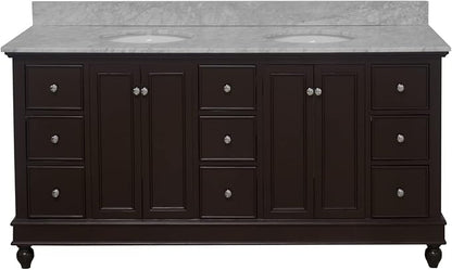Bella 72-inch Double Bathroom Vanity (Chocolate/Carrara): Includes Chocolate Cabinet with Authentic Italian Carrara Marble Countertop and White Ceramic Sinks