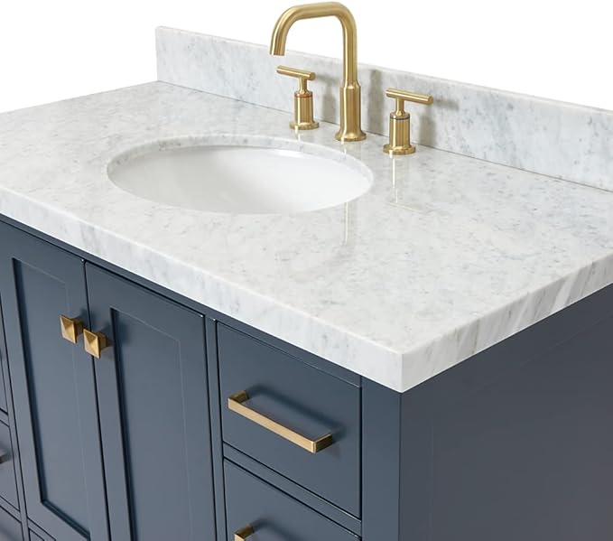 ARIEL Cambridge 42-inch Bathroom Vanity with Sink,Solid Wood, 1.5-inch Italian Carrara Marble Countertop, Single Oval Porcelain Sink, 2 Soft Closing Doors, 9 Dovetail Drawers, Midnight Blue