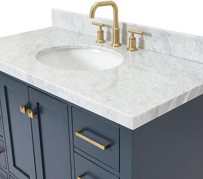 ARIEL Cambridge 42-inch Bathroom Vanity with Sink,Solid Wood, 1.5-inch Italian Carrara Marble Countertop, Single Oval Porcelain Sink, 2 Soft Closing Doors, 9 Dovetail Drawers, Midnight Blue