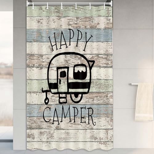 Happy Campers Shower Curtain Retro Rustic Wood Neutral Color For Travel Trailer Camping Motor RV Bathroom Stall Shower Curtain Set, Small Size Waterproof Fabric Shower Cutain, Hooks Include 47x72