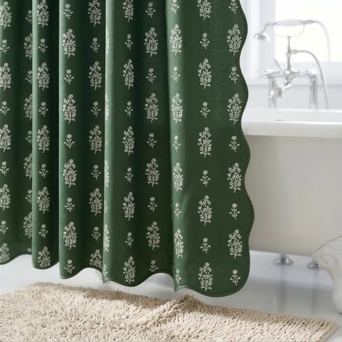 Boomkin Block Print Scalloped Shower Curtain Set with 12 Hooks