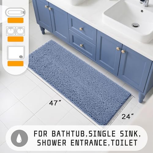Yimobra Long Bathroom Rugs 47"x24", Extra Soft Non Slip Bath Mat for Tub, Super Absorbent Quick Dry Shaggy Rug Floor Carpet, Machine Washable,Denim Blue