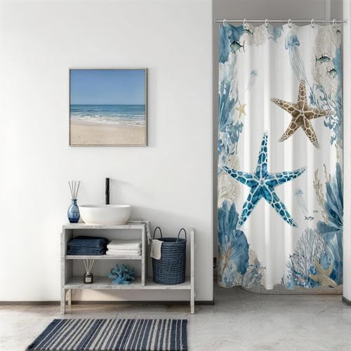 Blue Beach RV Shower Curtain for Bathroom, Ocean Coastal Theme, 32x72 In