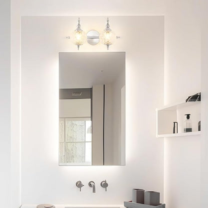 Brushed Nickel Bathroom Vanity Light Fixture Vintage Style - 2 Light G9 Bulb Compatible, 17" Wide Bathroom Lighting Over Mirror with Hand-Etched Glass Shades, Easy Mount for Makeup Area