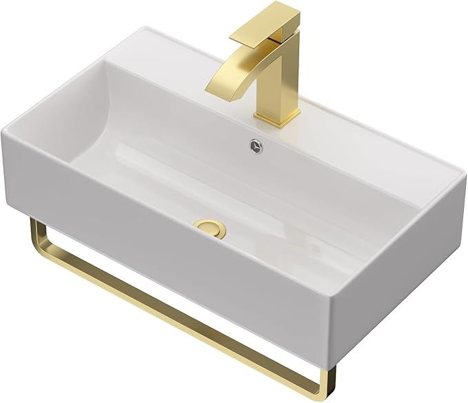 21x12 Inch Wall Mounted Vessel Sink with Gold Faucet and Drain Combo, White Ceramic Rectangle Bathroom Vanity Basin, Modern Floating Lavatory for Small Bathroom