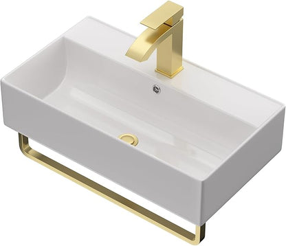 21x12 Inch Wall Mounted Vessel Sink with Gold Faucet and Drain Combo, White Ceramic Rectangle Bathroom Vanity Basin, Modern Floating Lavatory for Small Bathroom