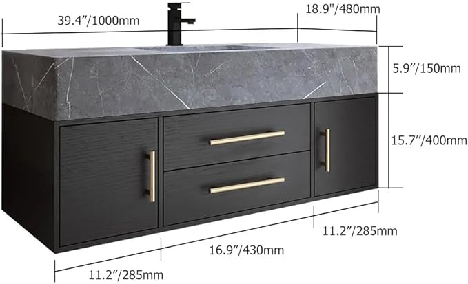 Bathroom Vanity with Sink 39.5" Floating Bathroom Vanity Sintered Stone Modern Bathroom Vanity Set, Black (Wall Mounted, Gold Handle)
