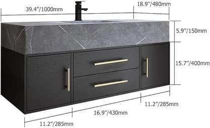 Bathroom Vanity with Sink 39.5" Floating Bathroom Vanity Sintered Stone Modern Bathroom Vanity Set, Black (Wall Mounted, Gold Handle)