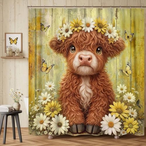 Cute Cow Shower Curtain, Farmhouse Rustic Yellow Floral Daisy Highland Cow Shower Curtains for Bathroom, Calf Country Farm Animal Garden Plant Fabric Bathroom Decor with Hooks, 70x72 inch
