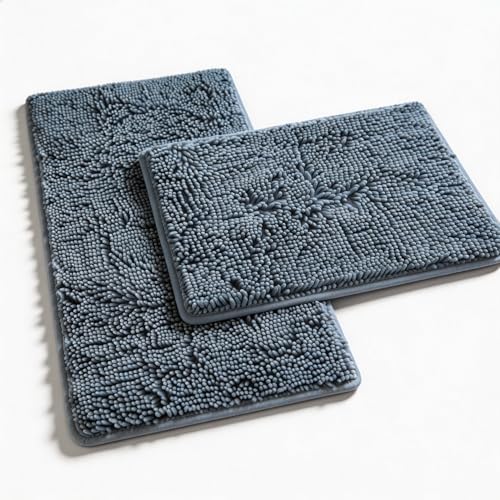 Blue Bathroom Rugs Chenille Bath Mats Set 2 Piece Extra Soft and Absorbent Shaggy Rugs, Machine Wash and Dry, Perfect Plush Bath Mats for Tub, Shower, Bathroom Decor, Washable Carpets Set