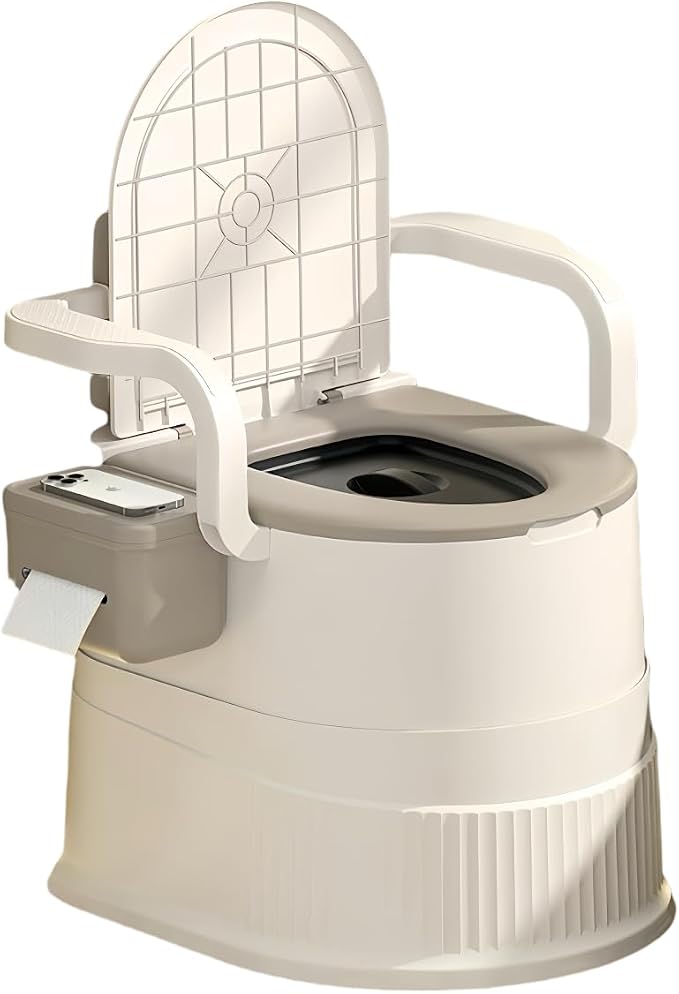 Portable toilet seat with armrests, with lid, with tissue holder, with seat function, robust, easy to clean, no power connection required, suitable for indoor and outdoor use (Khaki)