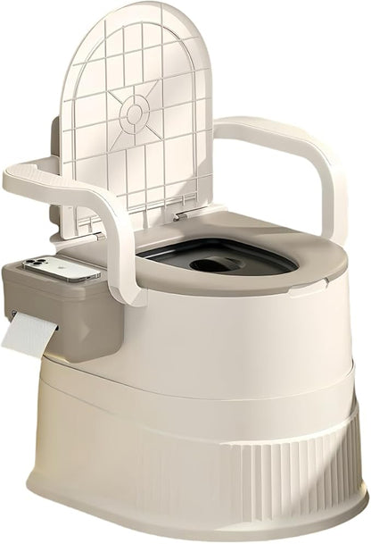 Portable toilet seat with armrests, with lid, with tissue holder, with seat function, robust, easy to clean, no power connection required, suitable for indoor and outdoor use (Khaki)