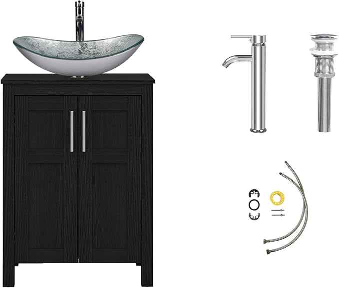 YOURLITE 24" Bathroom Vanity with Sink, White Bathroom Vanity and Sink Combo with Faucet & Pop Up Drain Set,Traditional Vanity with Blue Glass Boat Bathroom Sink