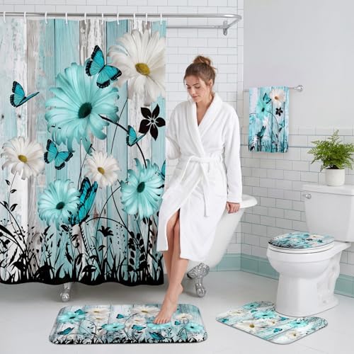 FuWeave 8 Pcs Teal Daisy Shower Curtain Set for Bathroom Include Farmhouse Rustic Daisy Flower Shower Curtain Towels Non Slip Rugs Toilet Lid Cover Bath Mat and 12 Hooks for Bathroom Decor