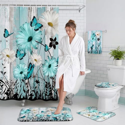 FuWeave 8 Pcs Teal Daisy Shower Curtain Set for Bathroom Include Farmhouse Rustic Daisy Flower Shower Curtain Towels Non Slip Rugs Toilet Lid Cover Bath Mat and 12 Hooks for Bathroom Decor