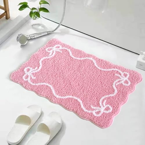 Mocsicka Pink Bow Bath Mat Cute Bow Bathroom Rug Super Soft Absorbent Bathroom Rugs Non Slip Bath Mat Machine Washable Rug for Bathrooms 20x32 inches (Pink, 50x80cm)