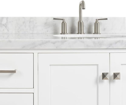 ARIEL Cambridge 54-inch Bathroom Vanity with Sink,Solid Wood, 1.5-inch Italian Carrara Marble Countertop & Backsplash, Single Oval Porcelain Sink, 2 Soft Closing Doors, 9 Dovetail Drawers, White