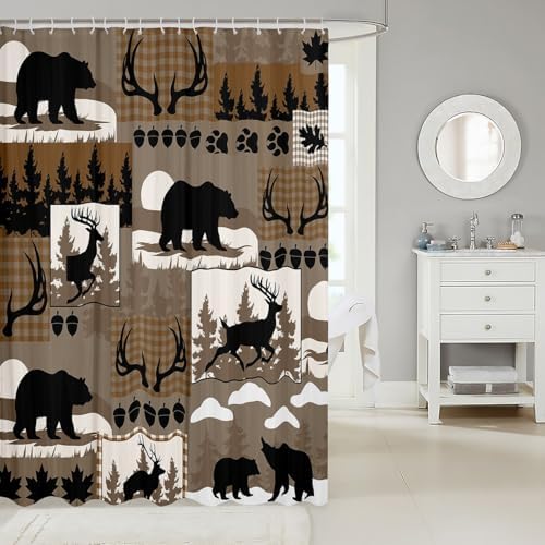 Feelyou Rustic Plaid Shower Curtain Lodge Cabin Bear Bath Curtain for Stalls Bathtubs Country Elk Moose Bathroom Accessories Woodland Brown Waterproof Polyester Fabric with 12 Hooks 72"x78"