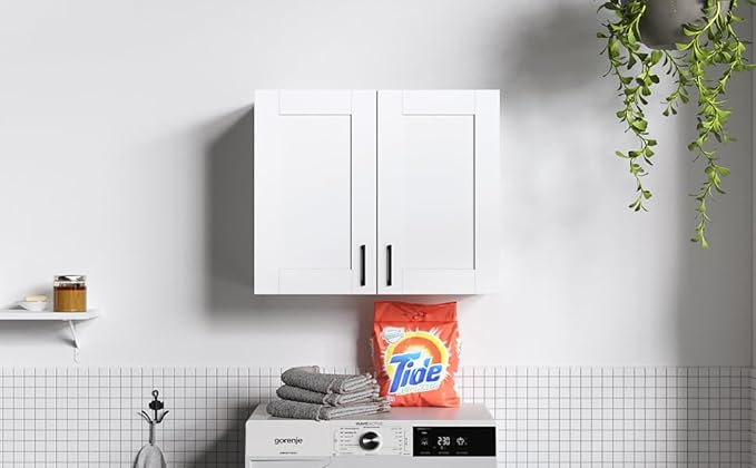White Laundry Room Cabinets and Storage with 2 Doors and Utility Adjustable Shelf，Gabinetes Para Cocina Cupboard Kitchen Organizers and Storage Pantry Wall Mounted 12.4"D x 23.6"W x 19.7"H