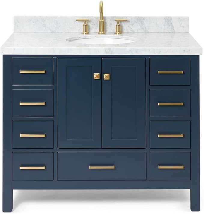 ARIEL Cambridge 42-inch Bathroom Vanity with Sink,Solid Wood, 1.5-inch Italian Carrara Marble Countertop, Single Oval Porcelain Sink, 2 Soft Closing Doors, 9 Dovetail Drawers, Midnight Blue
