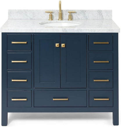 ARIEL Cambridge 42-inch Bathroom Vanity with Sink,Solid Wood, 1.5-inch Italian Carrara Marble Countertop, Single Oval Porcelain Sink, 2 Soft Closing Doors, 9 Dovetail Drawers, Midnight Blue