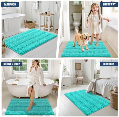Grandaily Chenille Striped Bathroom Rugs 47x20, Extra Thick and Soft Absorbent Bath Mats, Rubber Backing, Plush Shaggy Shower Carpet, Machine Wash Dry, Bath Rug for Bathroom, Turquoise