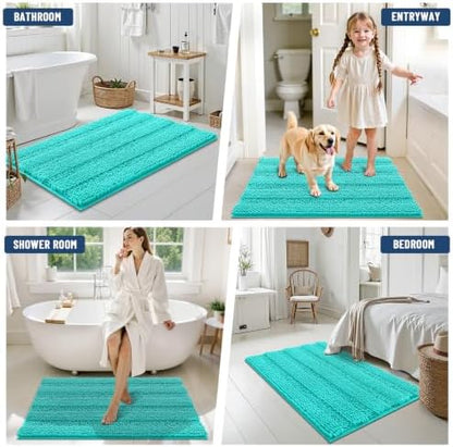 Grandaily Chenille Striped Bathroom Rugs 47x24, Extra Thick and Soft Absorbent Bath Mats, Rubber Backing, Plush Shaggy Shower Carpet, Machine Wash Dry, Bath Rug for Bathroom, Turquoise