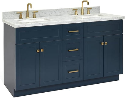 ARIEL Hamlet 60-inch Bathroom Vanity with Sink,Solid Wood, 1.5-inch Italian Carrara Marble Countertop, Double Rectangular Porcelain Sink, 4 Soft Closing Doors, 3 Dovetail Drawers, Midnight Blue